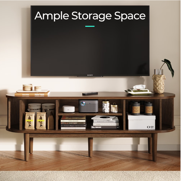 LINSY HC001M1 TV Stand for TVs up to 65", Mid-Century Home Entertainment Center with Sliding Tambour Door
