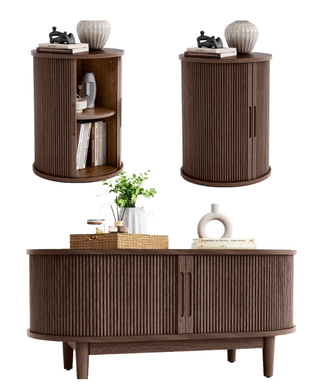 Linsy HT001-02 Fluted Coffee Table Sets 3 Pieces, Wood Living Room Table Set Include 40" Coffee Table