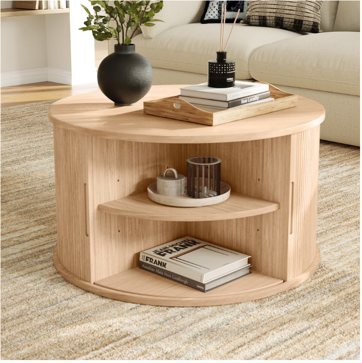 HT001L3 Round Fluted Coffee Table with Large Storage, Mid-Century Style, Sliding Tambour Door for Living Room