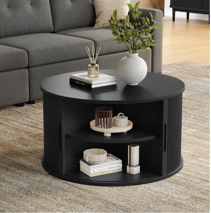 HT001L3 Round Fluted Coffee Table with Large Storage, Mid-Century Style, Sliding Tambour Door for Living Room