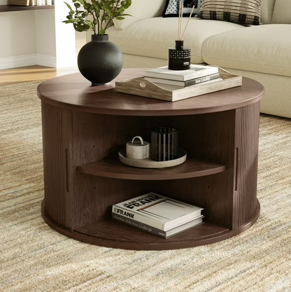 HT001L3 Round Fluted Coffee Table with Large Storage, Mid-Century Style, Sliding Tambour Door for Living Room
